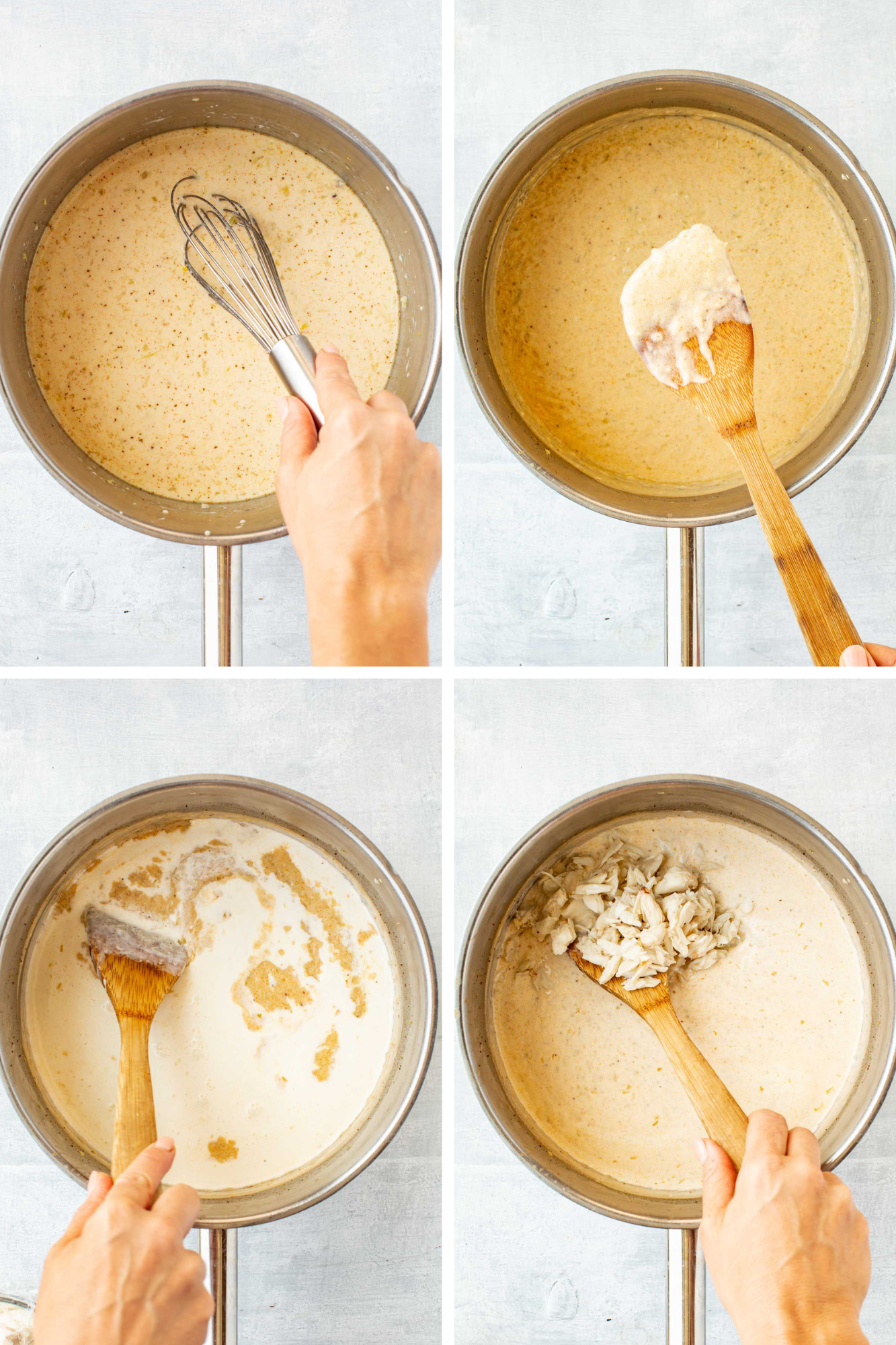 Four-step collage showing the creamy soup base being whisked, thickened with a wooden spoon, additional cream being stirred in, and crab meat added to the pot.