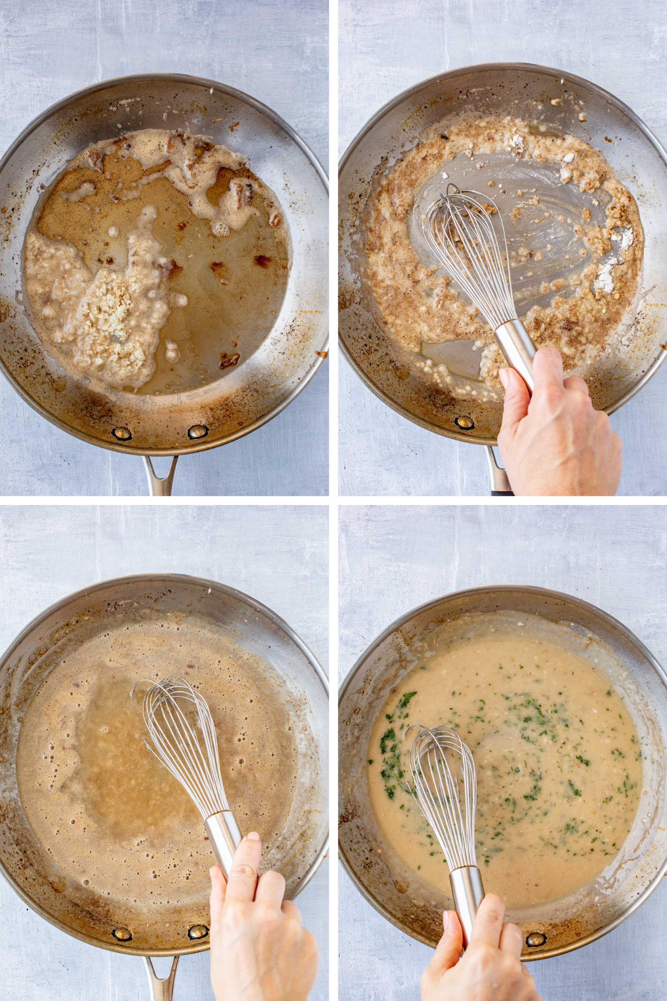 Four-panel step-by-step of preparing the sauce in a skillet by sautéing garlic, adding broth and flour, then whisking to create a smooth lemon-parsley sauce.