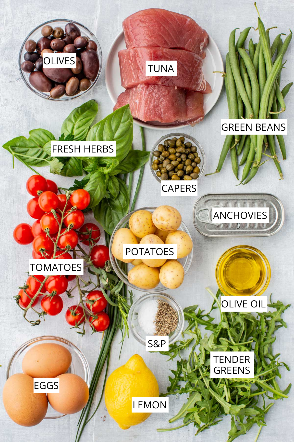 Labeled overhead view of Niçoise salad ingredients including fresh tuna, green beans, cherry tomatoes, baby potatoes, eggs, olives, anchovies, capers, tender greens, lemon, fresh herbs, olive oil, and salt and pepper.