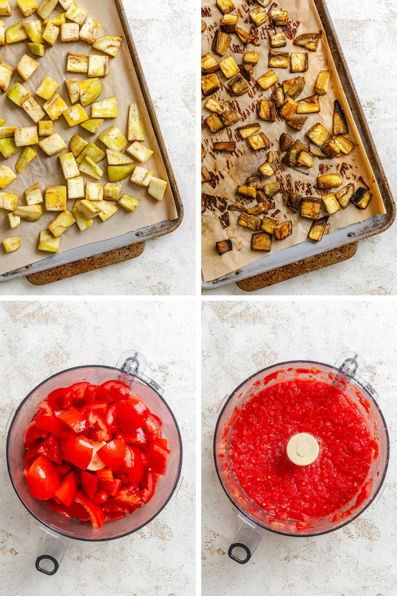 Side-by-side process images showing cubed eggplant before and after roasting - on the left, raw eggplant cubes tossed in olive oil and seasoned with salt and pepper arranged on parchment paper; on the right, the same cubes roasted to golden brown with slightly crisp edges. Below, two images of halved Roma tomatoes in a food processor bowl on the left, and the tomatoes pulsed into a bright red chunky puree on the right.
