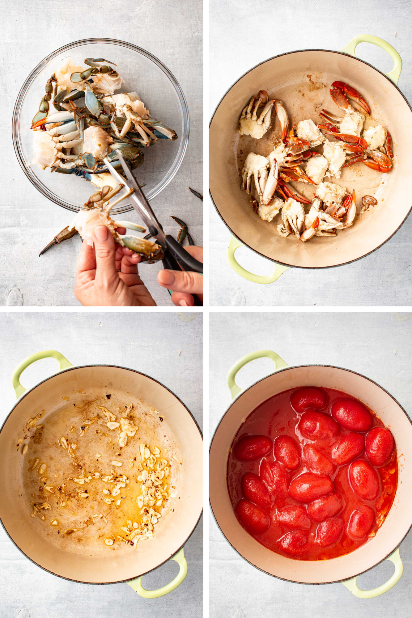 Four-panel collage showing crab preparation steps: cutting raw crabs, placing them in a pot, sautéing garlic in olive oil, and adding whole canned tomatoes.