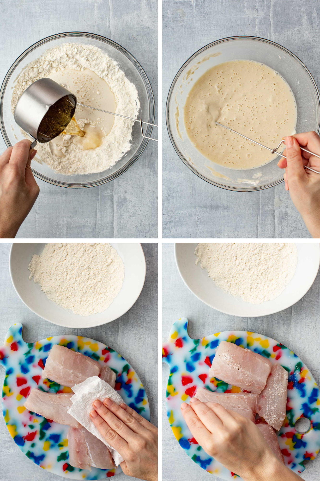 Step-by-step collage showing beer batter preparation by pouring beer into flour, whisking until smooth, and patting fish fillets dry.