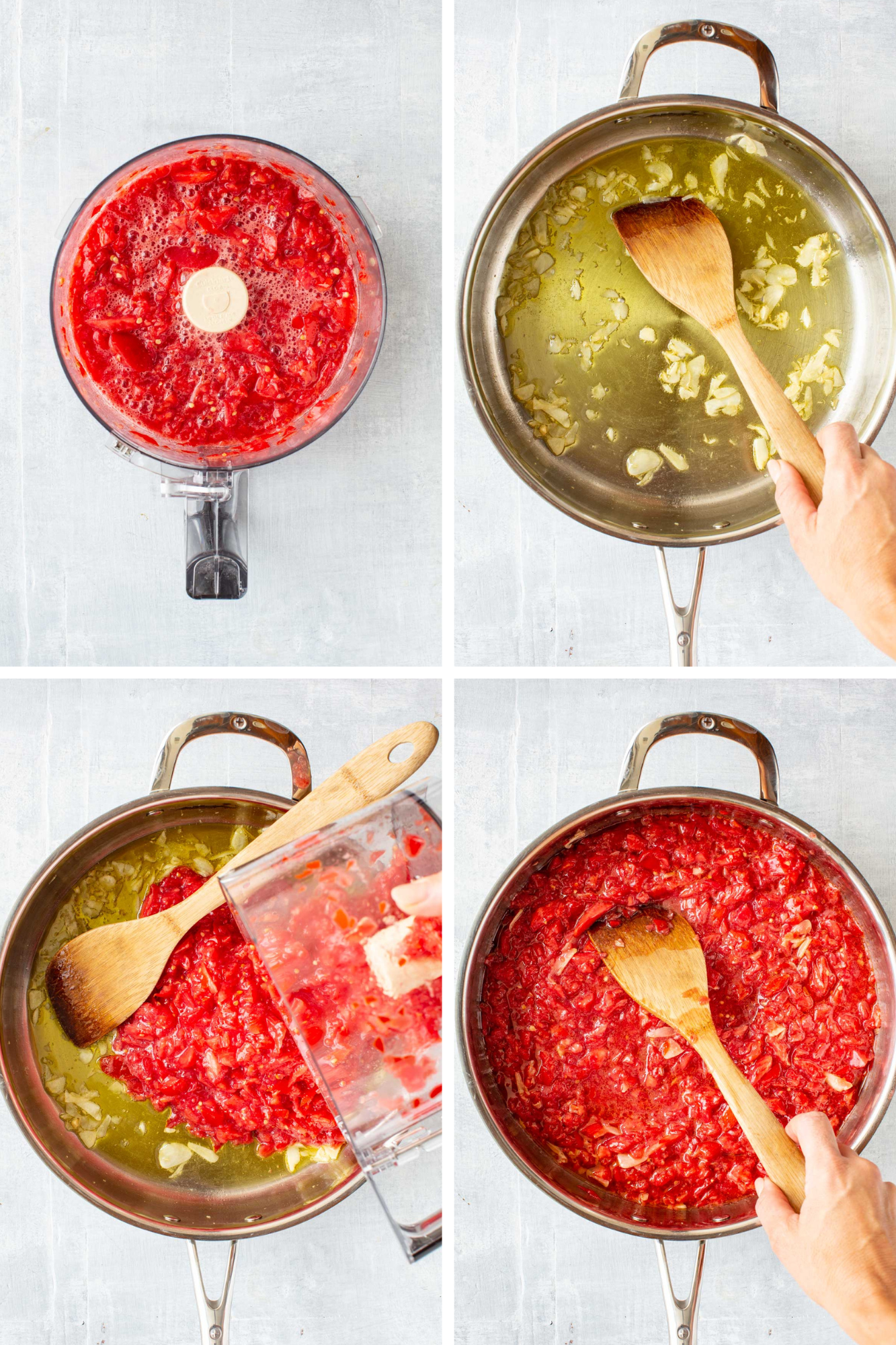 Step-by-step collage, part 1 - Four images showing the process: chopped tomatoes in a food processor, garlic cooking in olive oil in a skillet, tomatoes being poured into the pan, and tomato sauce simmering with a wooden spoon.