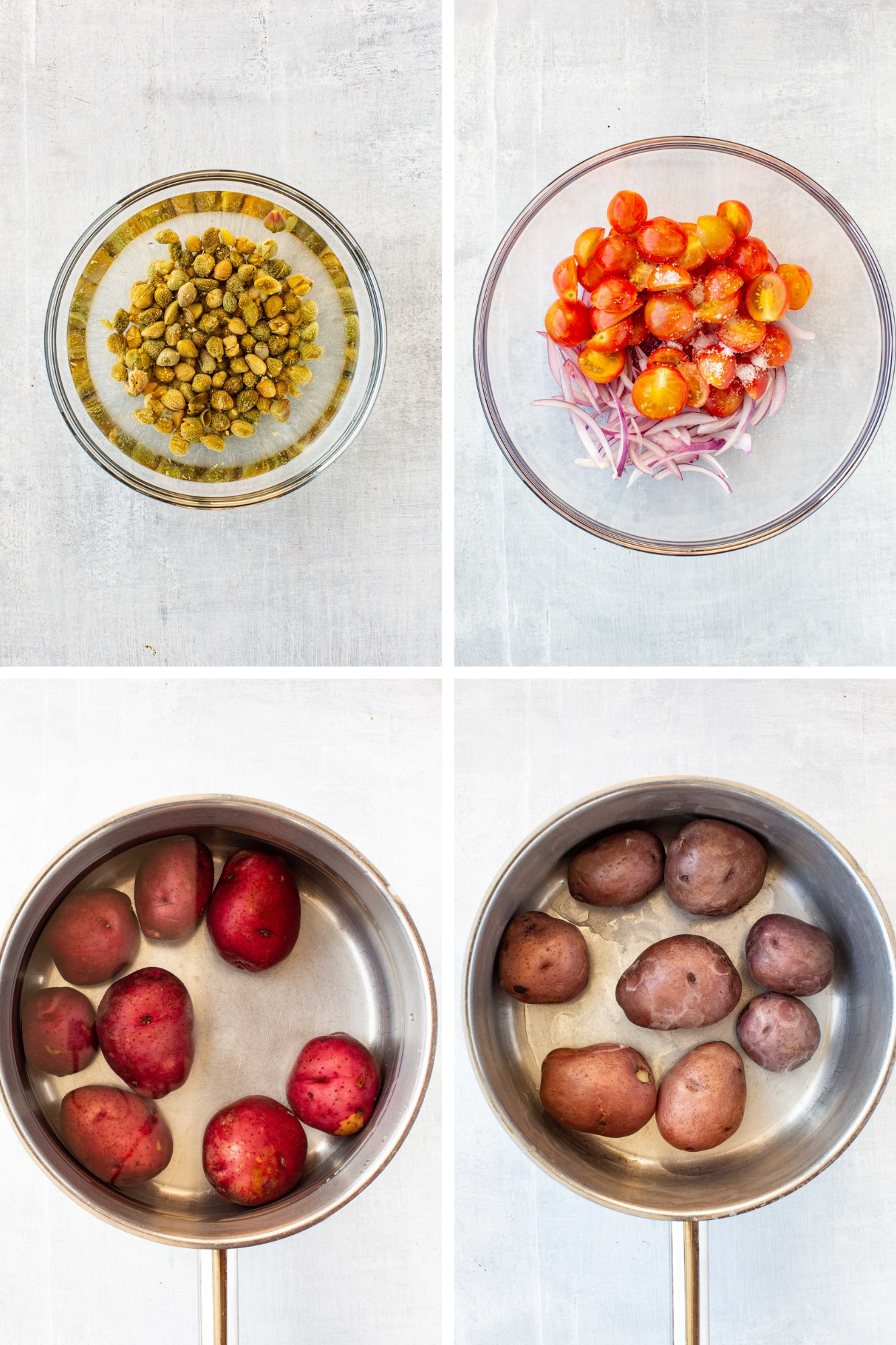 Process photo collage 1 - Bowl of soaked capers and bowl of salted onion slices with cherry tomatoes, plus medium red potatoes in a pot of water before and after boiling.