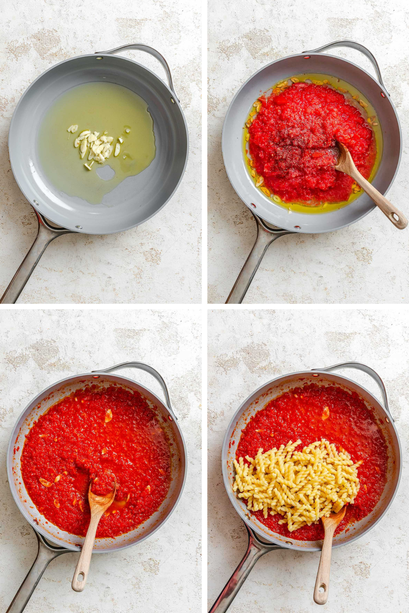 Four-step process of cooking tomato sauce – top left shows garlic slices sizzling in olive oil in a skillet; top right shows pureed tomatoes added to the garlic and oil; bottom left shows the sauce thickened and reduced to a rich red color; bottom right shows cooked pasta added directly into the tomato sauce in the skillet.
