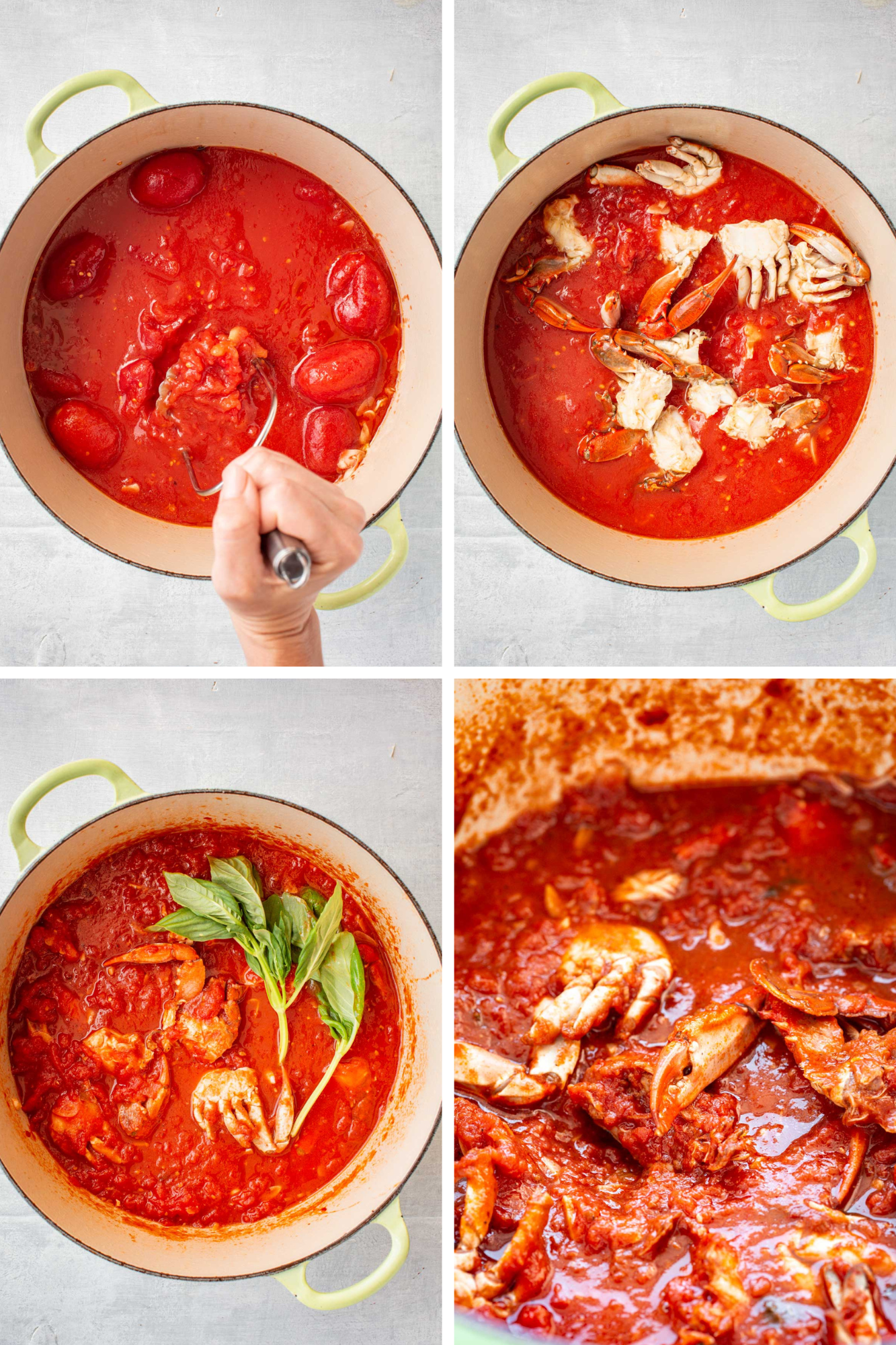 Four-panel collage showing tomato sauce being mashed, crabs added, basil leaves stirred in, and finished crab gravy simmering.