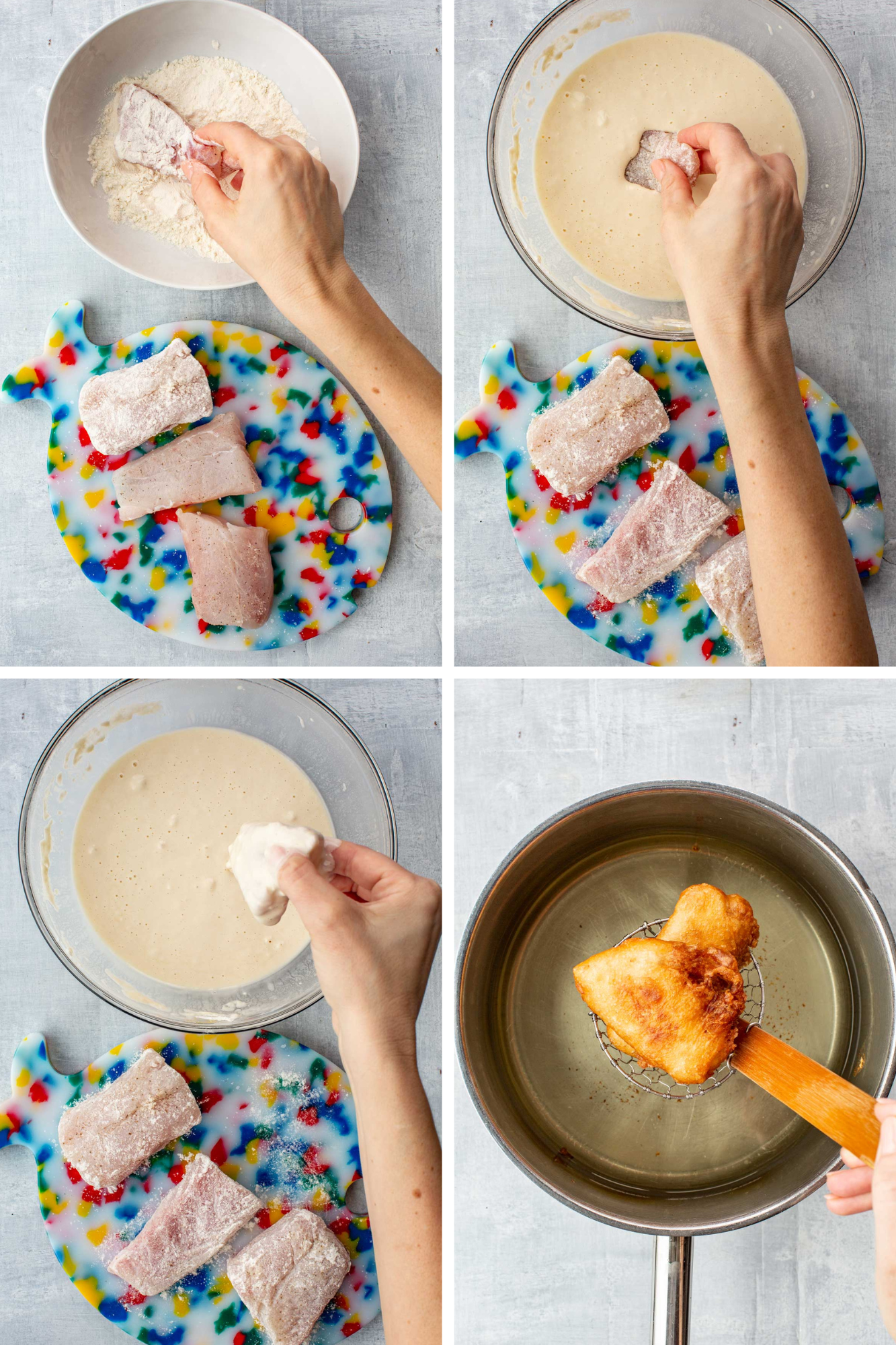 Step-by-step collage showing dredging fish fillets in flour, dipping in beer batter, and lowering into hot oil to fry.