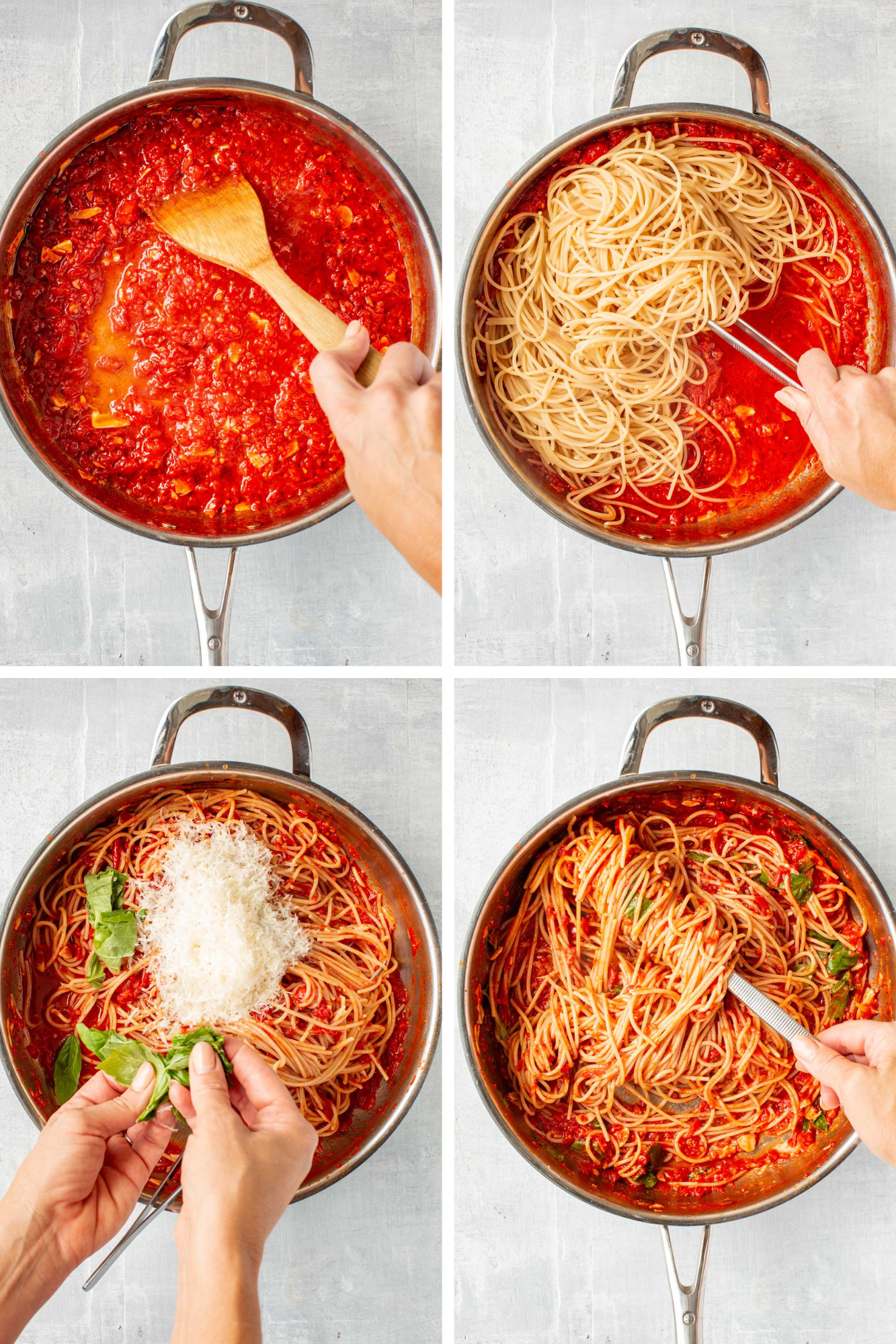 Step-by-step collage, part 2 - Four images showing the final steps: thickened tomato sauce stirred with a spoon, spaghetti being added to the pan, parmesan and basil scattered on top, and the finished spaghetti tossed with sauce.