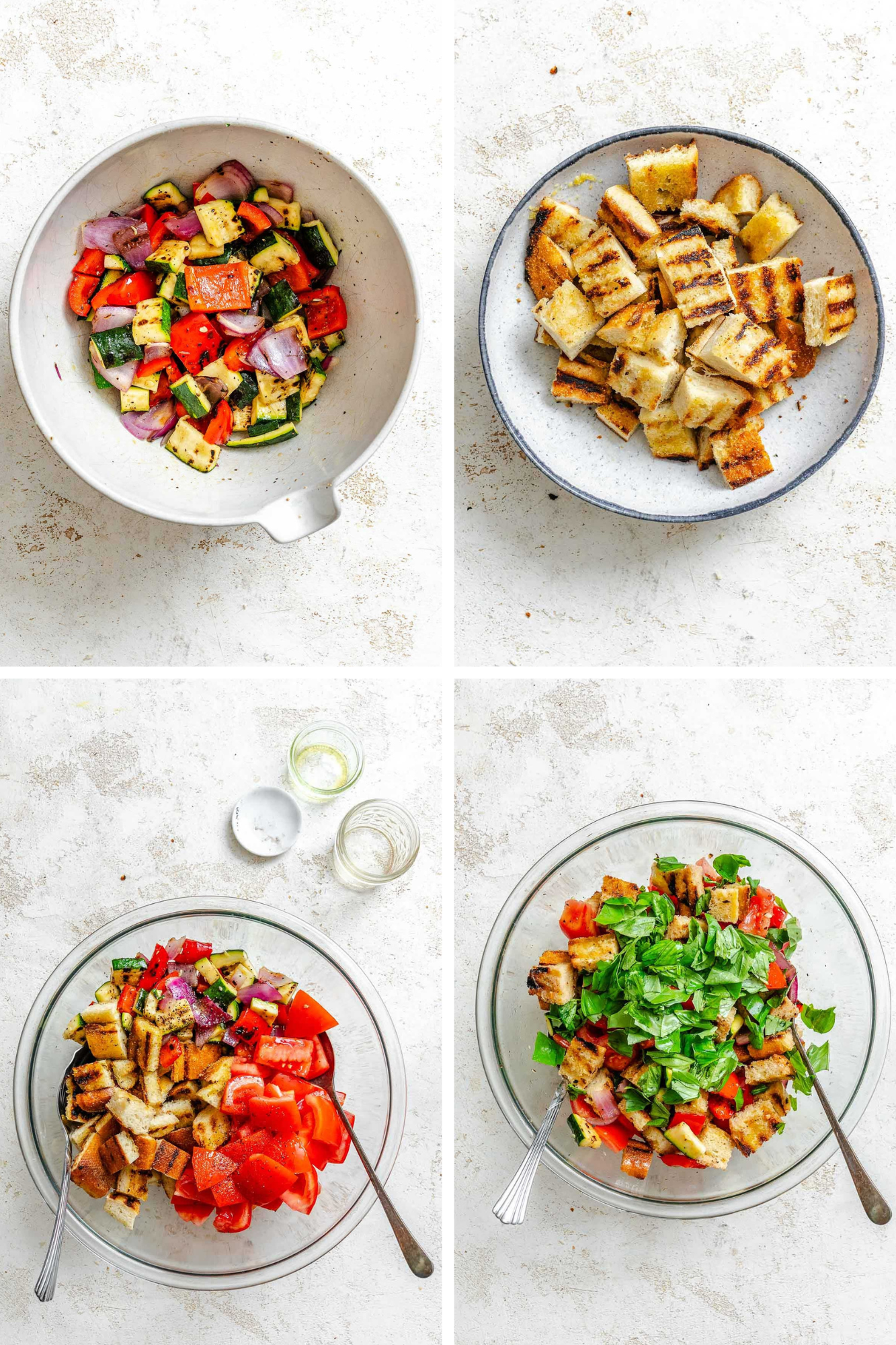 Four-image collage showing the salad assembly: grilled vegetables in a bowl, grilled bread cubes in a separate dish, mixing bread, tomatoes, and veggies in a large bowl with salt and vinegar, and finishing with fresh basil on top before tossing.