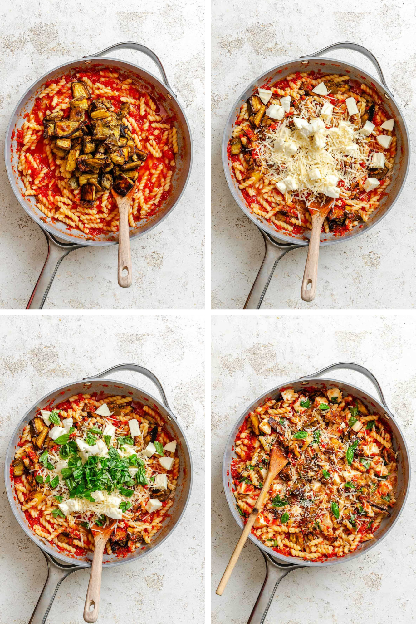 Step-by-step collage of assembling pasta with eggplant, tomatoes, and mozzarella – top left shows roasted eggplant added to pasta and sauce; top right shows shredded Parmesan and fresh mozzarella cubes added; bottom left shows fresh basil leaves on top of the cheese; bottom right shows the finished dish tossed together, garnished with more Parmesan and basil in the skillet.