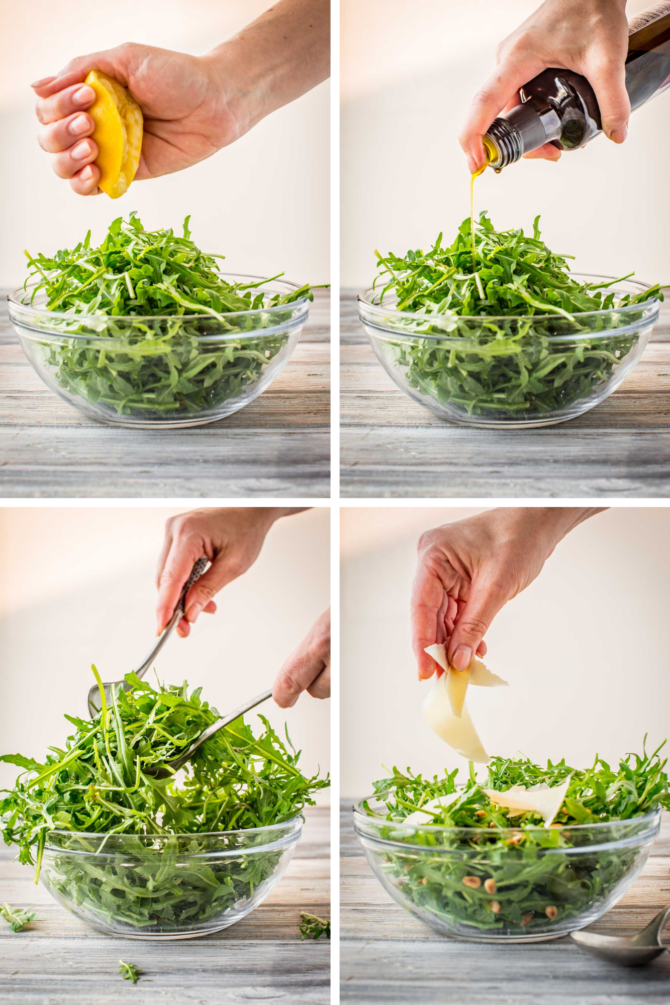 Step-by-step photo collage showing how to make arugula salad by adding lemon juice, olive oil, tossing greens, and topping with shaved parmesan.