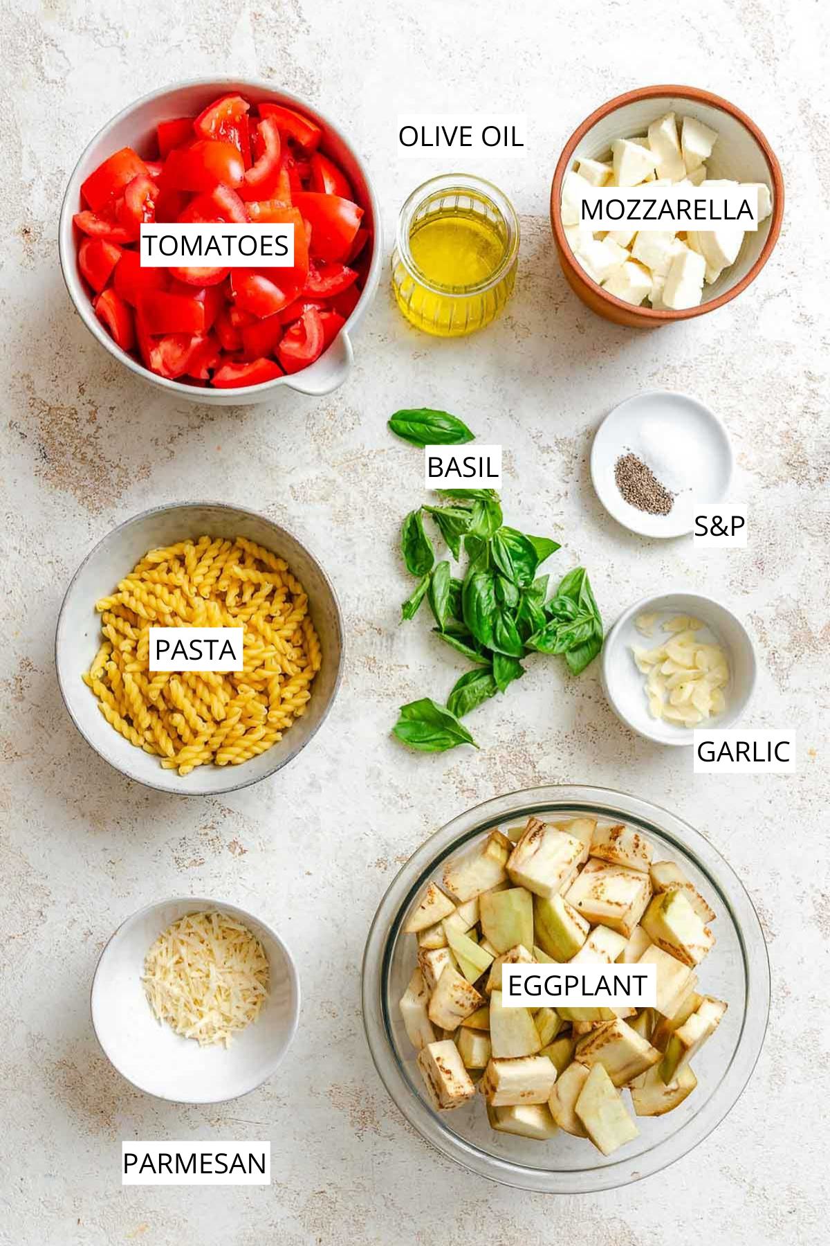 Overhead view of recipe ingredients laid out on a light surface, including labeled bowls of pasta, eggplant, fresh tomatoes, mozzarella, Parmesan, olive oil, basil, and small bowls of salt and pepper and sliced garlic.