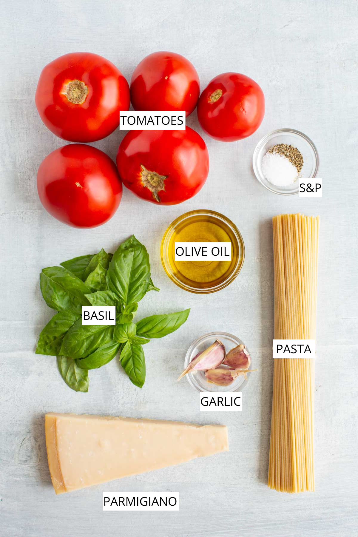 Flat lay of ingredients for spaghetti al pomodoro - Whole ripe tomatoes, garlic cloves, fresh basil, spaghetti, olive oil, parmesan cheese, salt, and pepper displayed on a light gray background, each labeled.