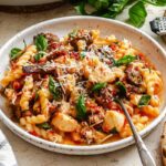 White speckled bowl filled with pasta, roasted eggplant, melted mozzarella, and fresh basil, topped with a sprinkle of grated Parmesan, with bread slices and olive oil jar nearby.