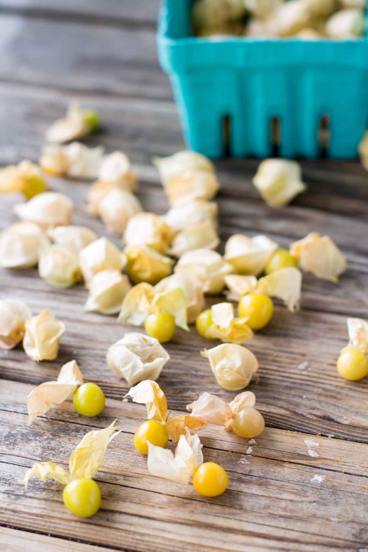 A teal carton of ground cherries spilling across a rustic wooden table, with papery husks partially removed to reveal golden fruit.