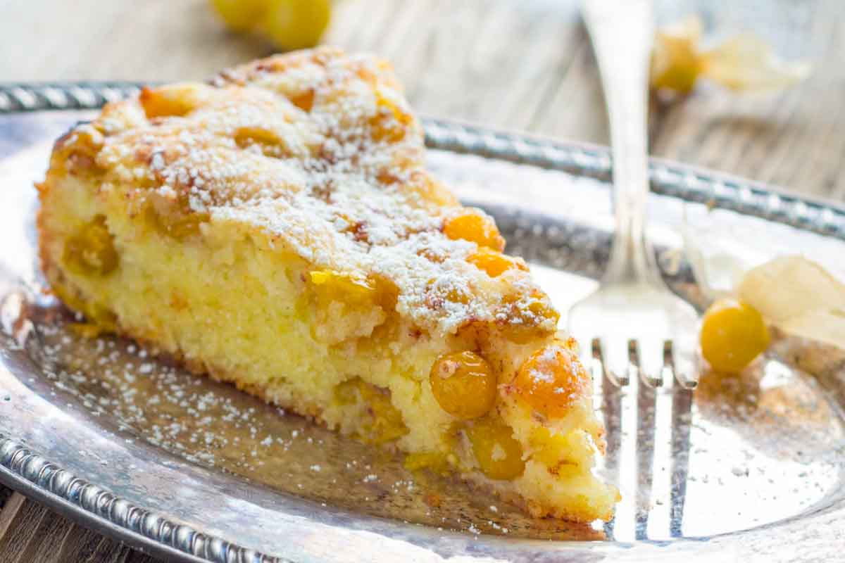 A single slice of ground cherry cake on a silver plate with a fork, showing a tender crumb studded with golden cherries, dusted lightly with powdered sugar.