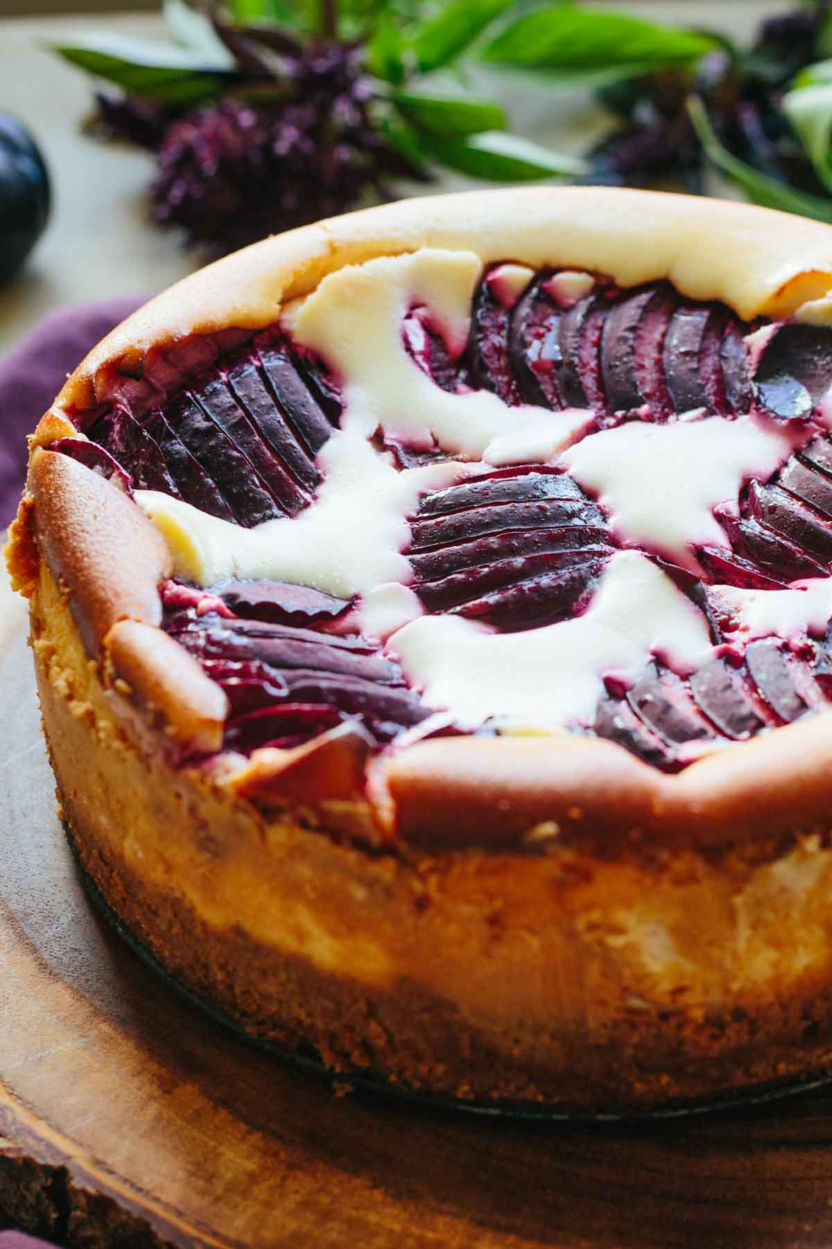 Close-up of a baked Italian ricotta plum cheesecake on a wooden board, showing the golden crust and fanned dark plum slices on top with creamy filling peeking through.