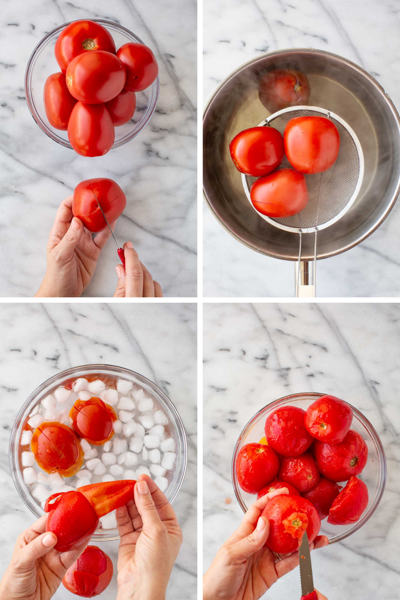 Step-by-step collage showing how to peel tomatoes: scoring the skin, blanching in boiling water, shocking in ice water, and peeling off the skins.