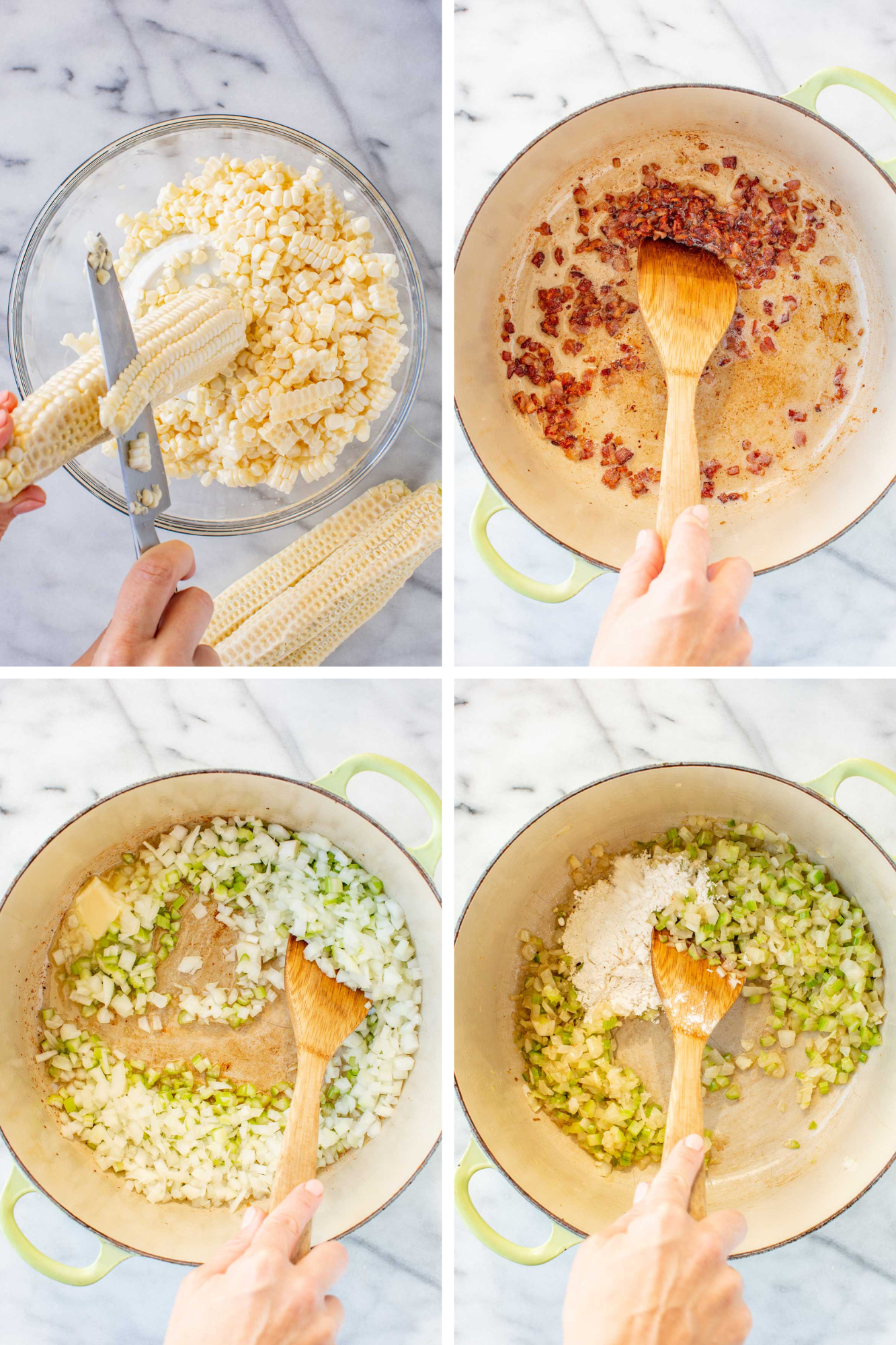 Step-by-step collage: cutting corn kernels off the cob, cooking bacon in a dutch oven, sautéing onion and celery in butter, and adding flour to the pot.