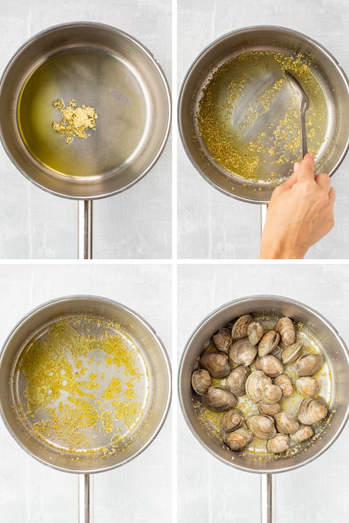 Four-step process showing olive oil with minced garlic in a stainless steel pot, garlic sizzling and turning golden, wine added to create the cooking liquid, and clams placed in the pot ready to steam.