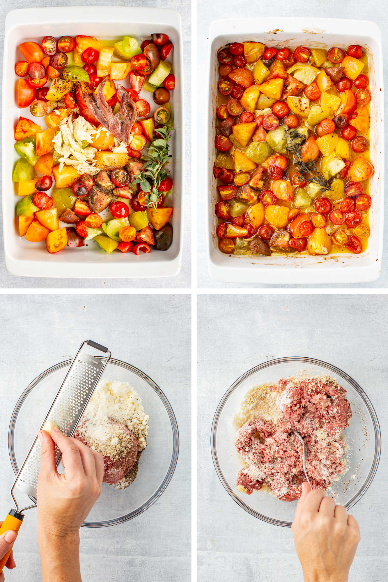 Collage of four images showing tomatoes and anchovies in a baking dish before and after roasting, and ground beef mixture being seasoned and mixed.