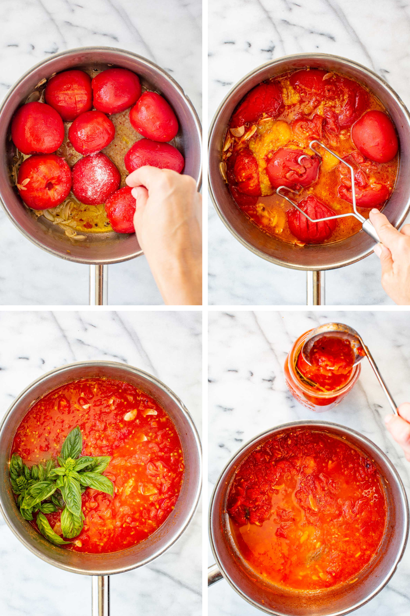 Step-by-step collage of making tomato sauce: adding peeled tomatoes to garlic and olive oil in a pan, mashing them, simmering with basil, and ladling finished sauce into a jar.