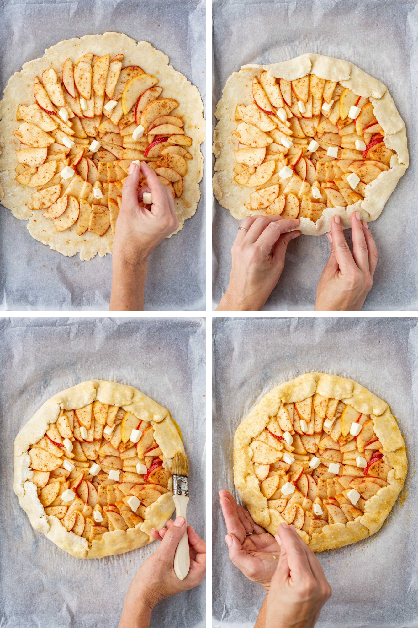 Step-by-step collage of assembling the crostata: topping apples with butter cubes, folding the edges of dough over the filling, brushing with egg wash, and sprinkling with coarse sugar before baking.