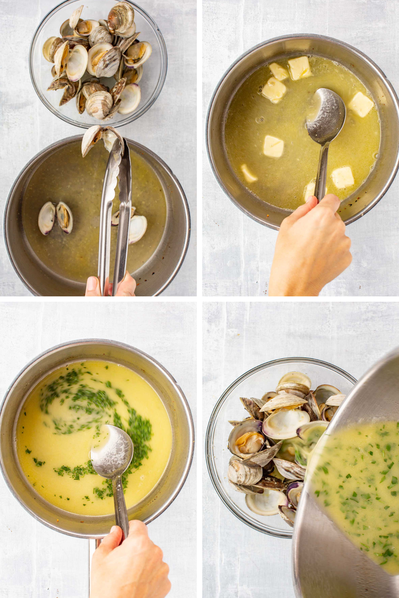 Series of four images showing cooked clams being removed with tongs, unsalted butter whisked into the hot broth, fresh parsley stirred in, and the garlic butter sauce poured over a bowl of opened clams.