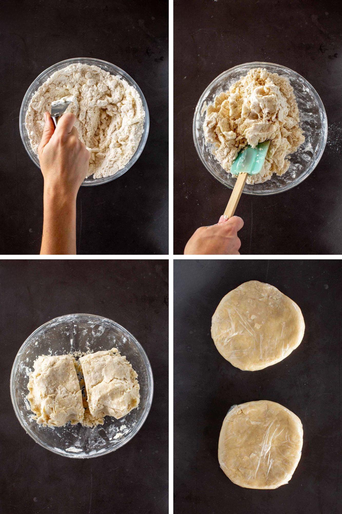 Four photos showing how to mix ingredients to form a dough to make a Crisco pie crust.