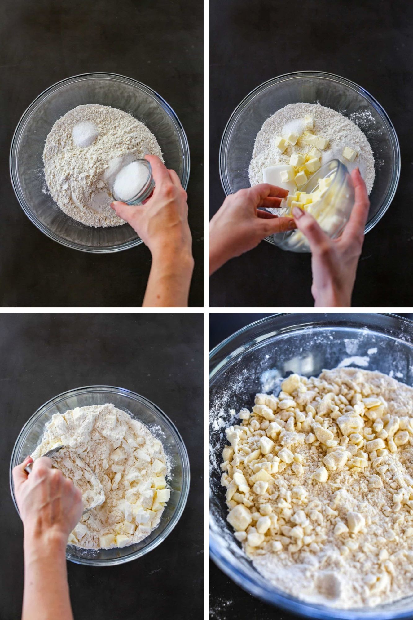 Four images to show mixing butter with dry ingredients to make a flaky pie dough.