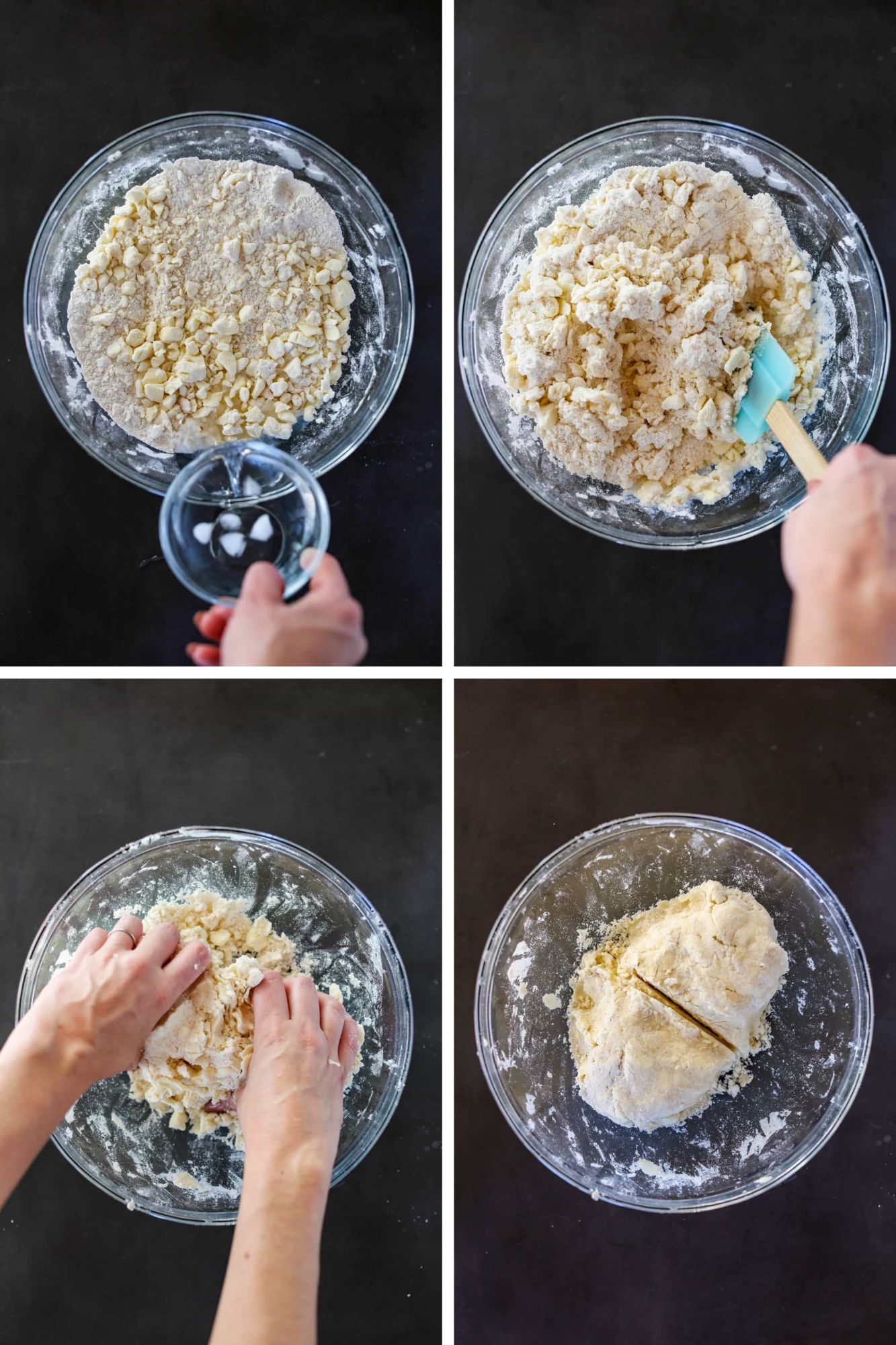 Four images to show adding water to ingredients and starting to form the flaky pie dough.