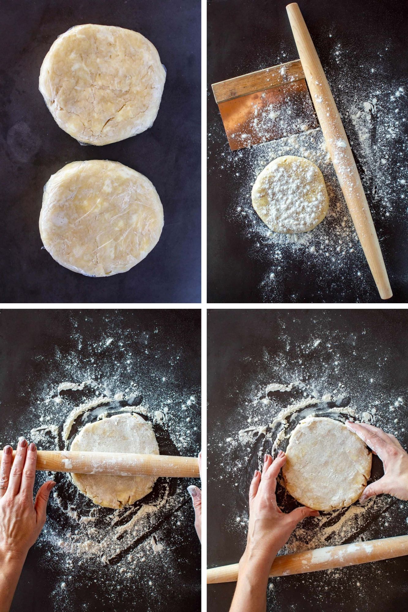 Four images to show rolling out the flaky pie dough to form discs.