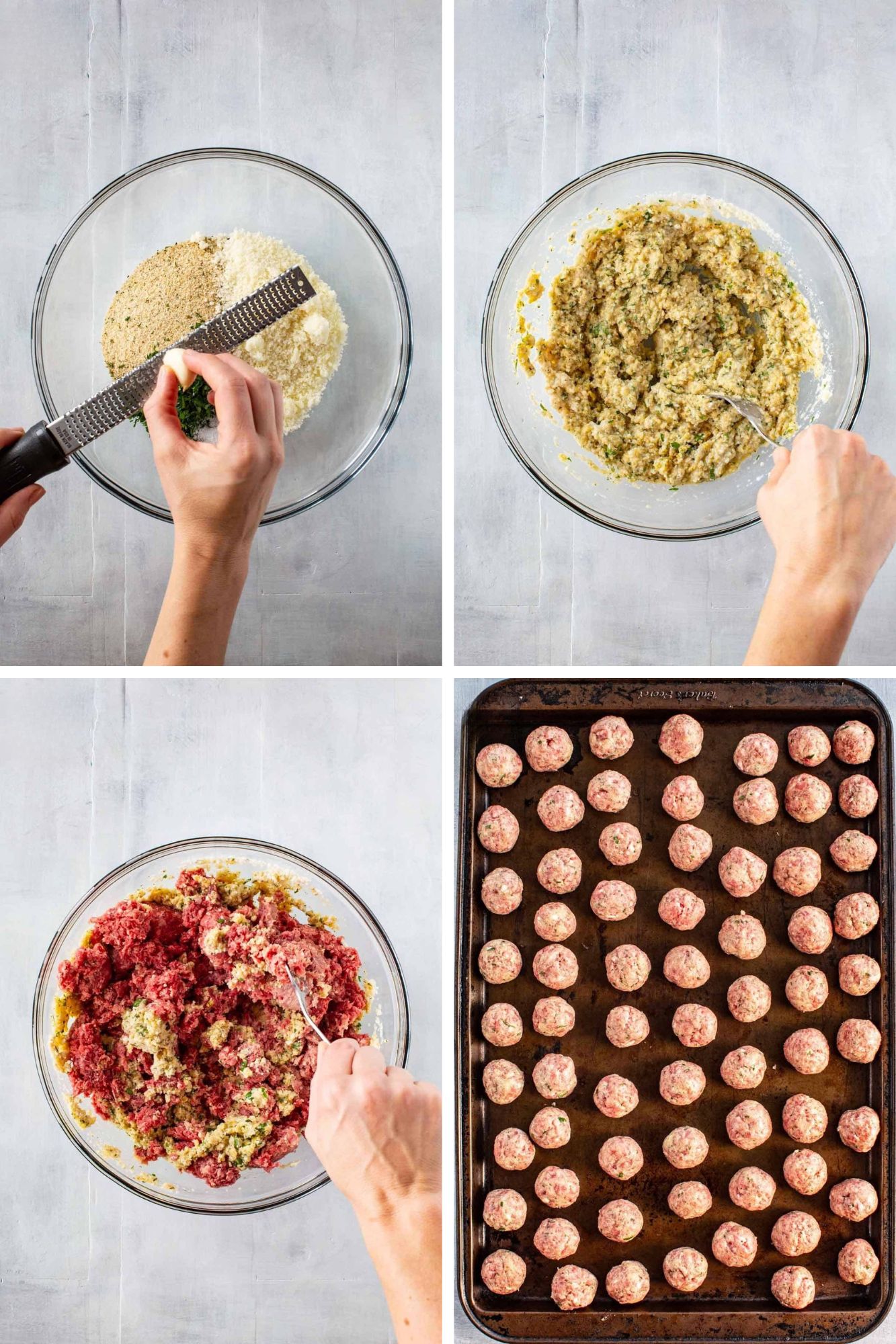 Four photos to show the steps to make the meatballs for Italian wedding soup.