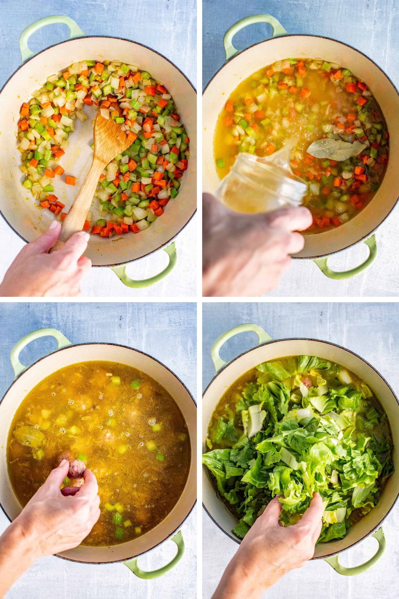 Four photos to show the steps put Italian wedding soup together.