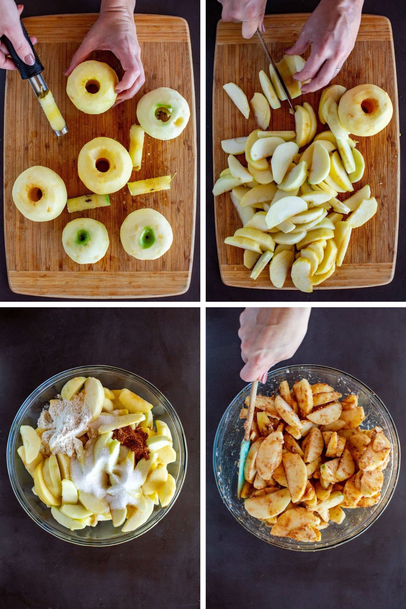 4 images to show peeling, coring and slicing apples, and adding seasoning to make pie filling for old fashioned apple pie.