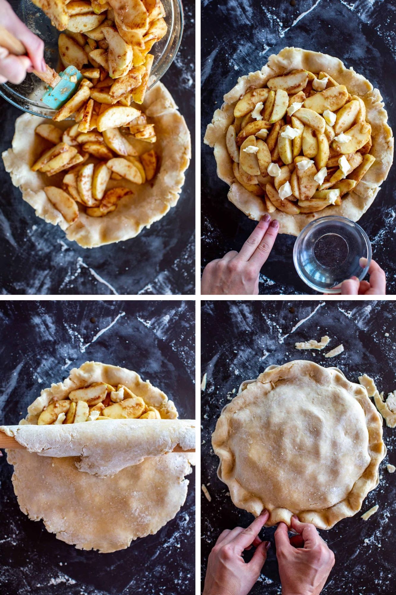 Adding the apple pie filling to the prepared pie dough in a pie plate and covering the filling with the second layer of pie dough to make an old fashioned apple pie.