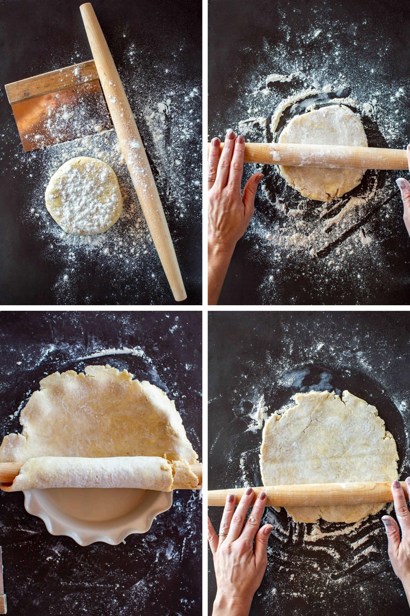 Four images to show rolling out two layers of pie dough on a flour-dusted surface to make old fashioned apple pie.