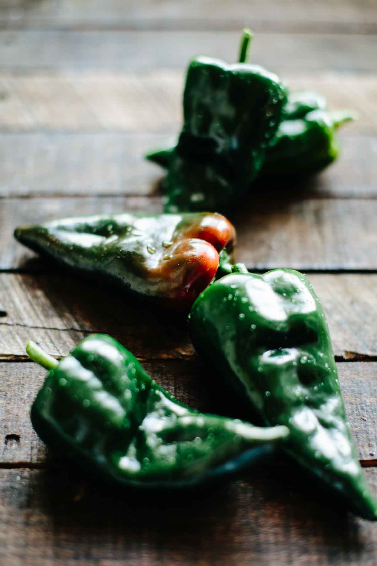 Fresh green poblano peppers with water droplets resting on a rustic wooden surface, showing their glossy skin and smoky character.