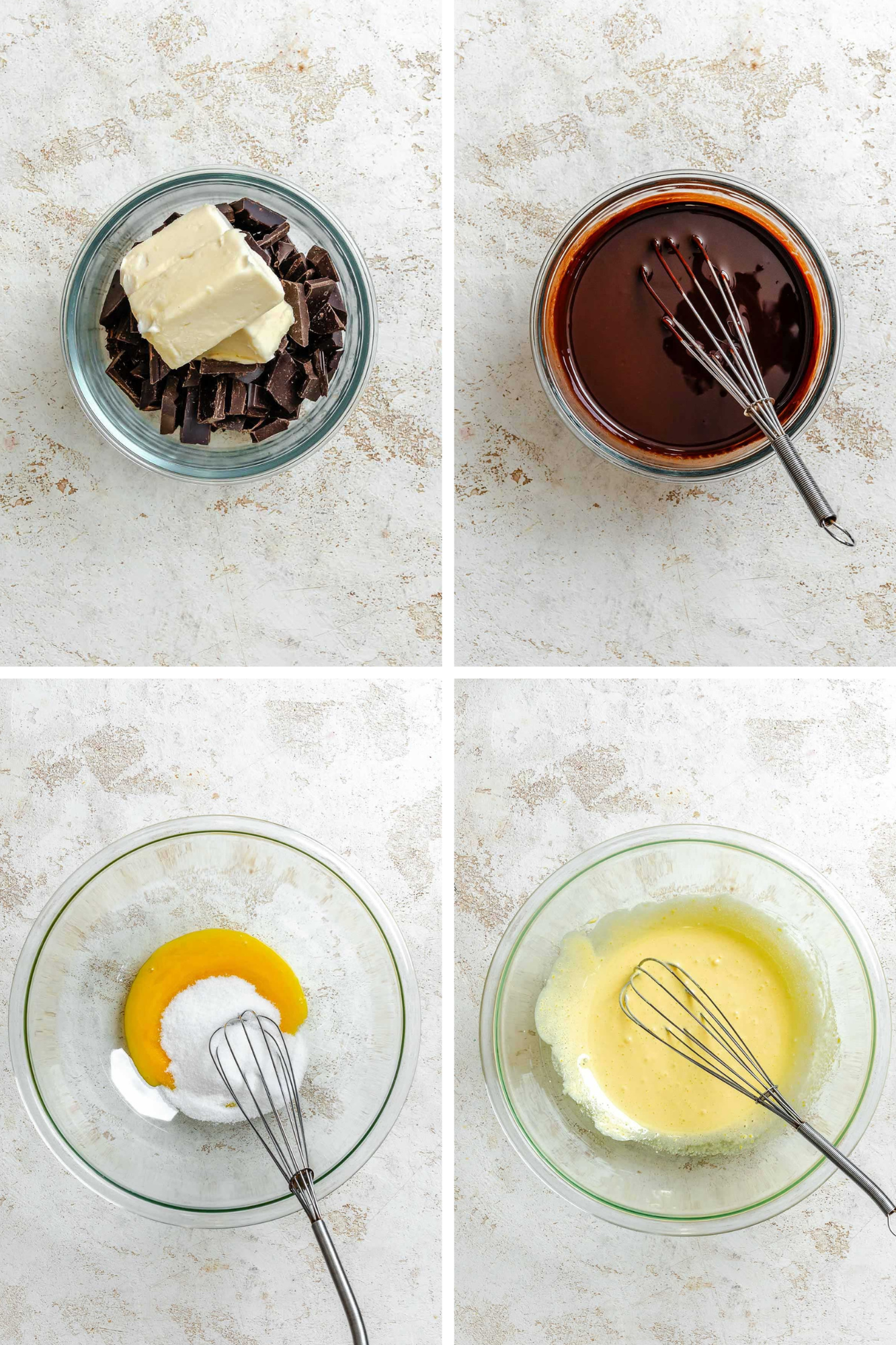 Step-by-step process of melting butter with chopped chocolate in a glass bowl, then whisking into a glossy melted mixture, followed by egg yolks whisked with sugar until pale and thick.