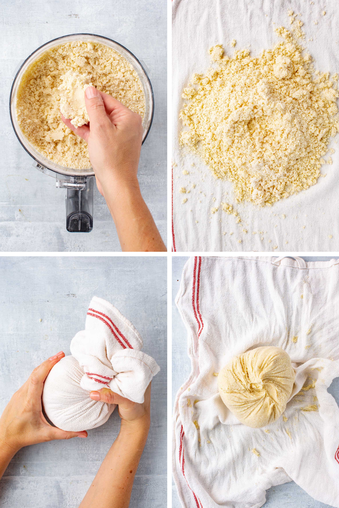 Four-step collage showing dough crumbs in food processor, transferring to towel, twisting into a ball, and forming the dough bundle.