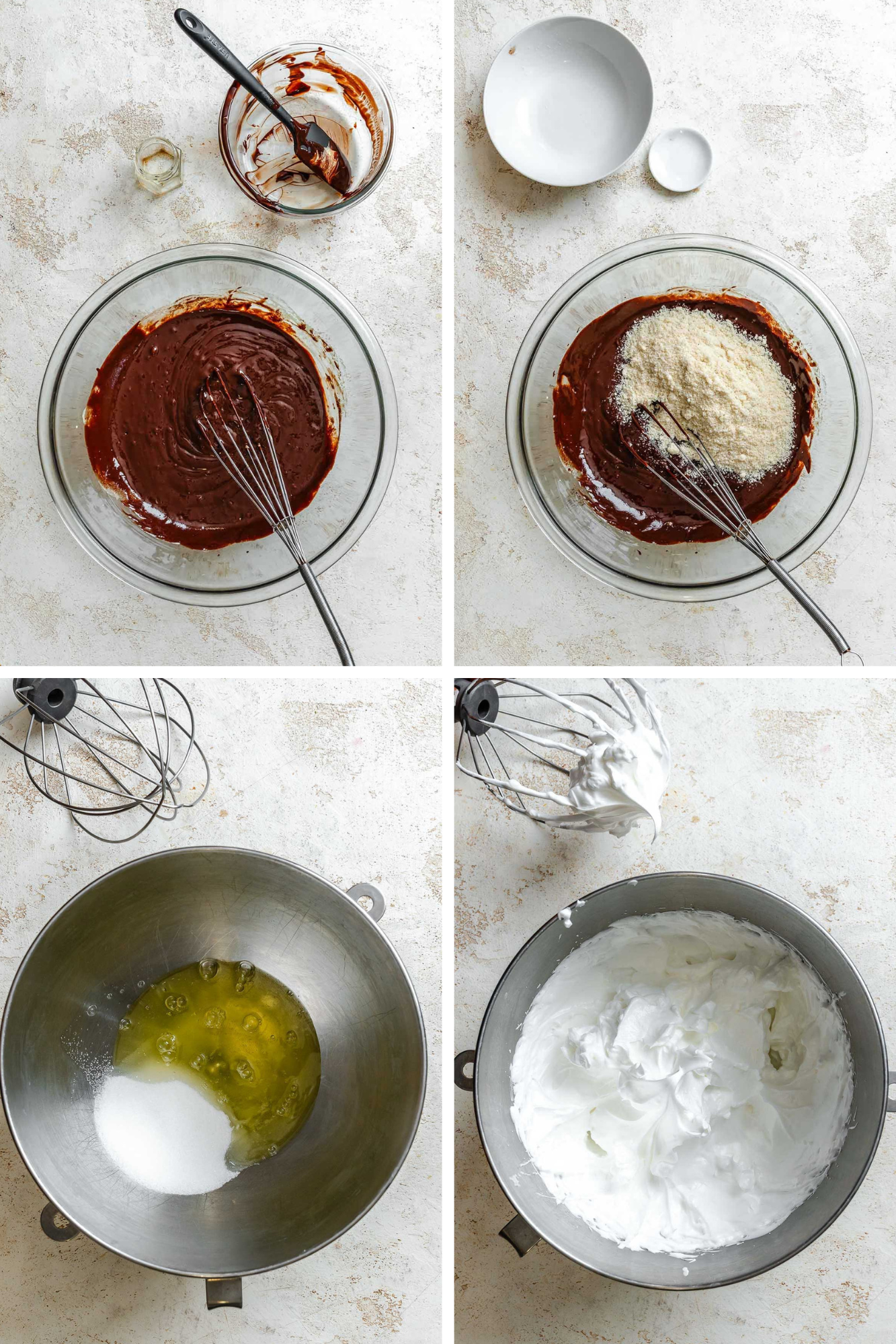 Bowl of smooth chocolate mixture with a whisk, almond flour added on top, and egg whites whipped with sugar in a stand mixer until stiff peaks form, shown in a clean metal mixing bowl.