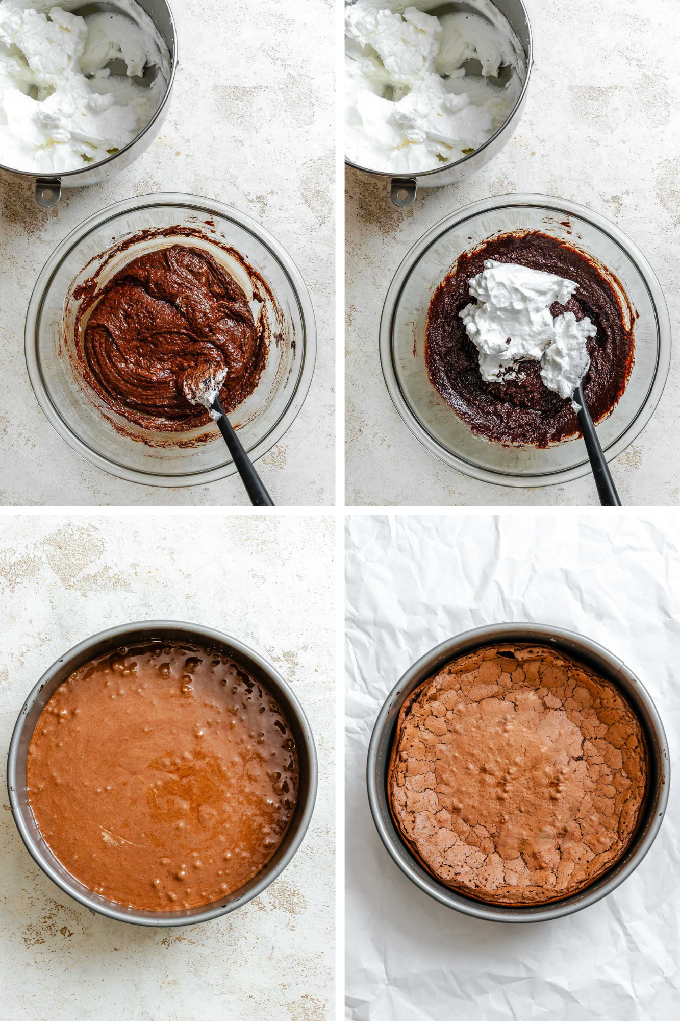 Process shots of folding whipped egg whites into chocolate batter with a rubber spatula, pouring batter into a springform pan with a smooth surface, and the baked flourless cake cooling with a crisp top.