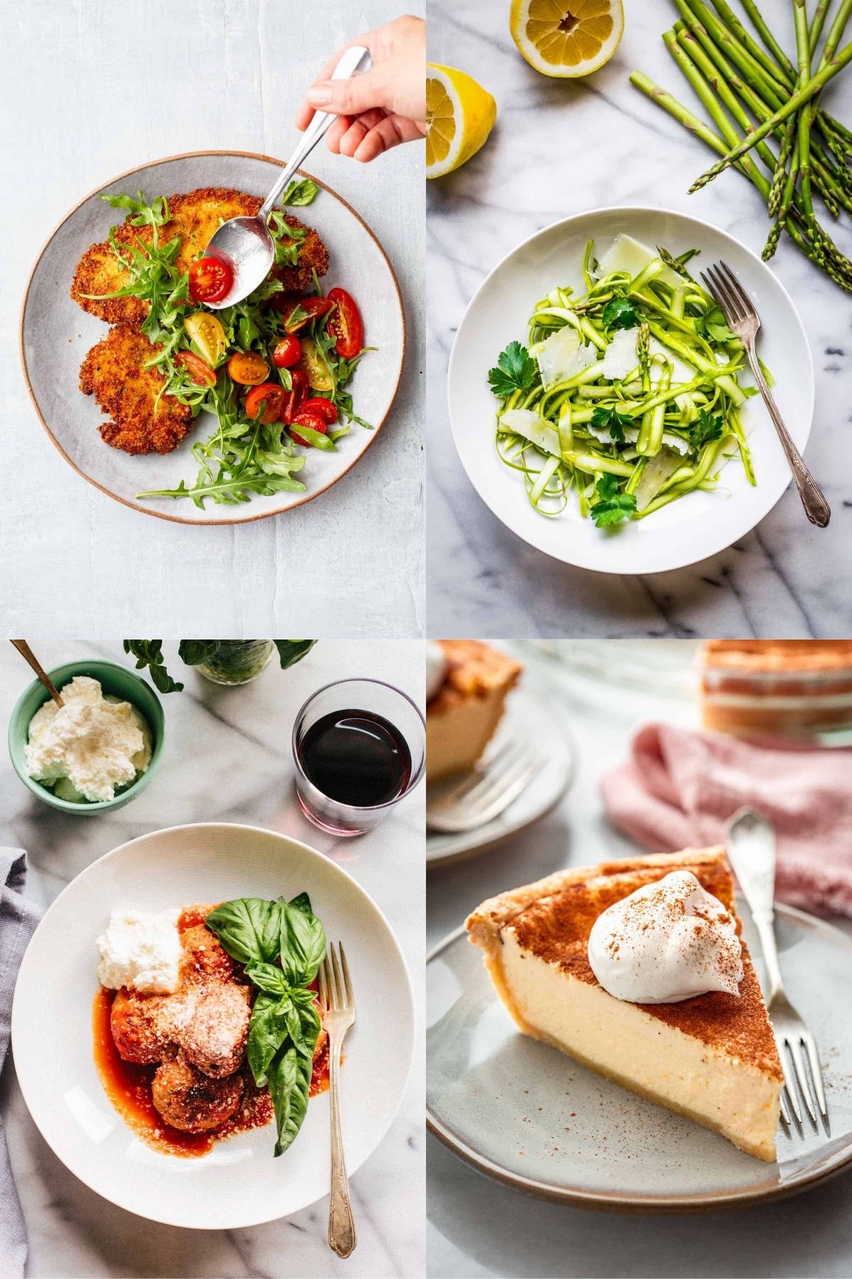 4 photos of authentic Italian food recipes including, Crispy Chicken Milanese with Tomato Arugula Salad, shaved asparagus salad, Authentic Italian Meatballs, and Italian ricotta pie. 