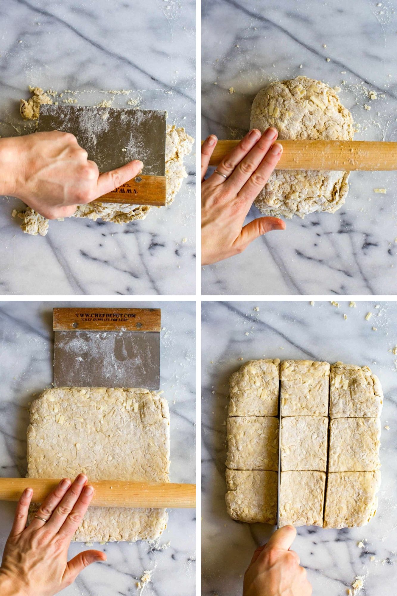 Process steps to make Irish cheddar biscuits showing folding dough with scraper, rolling out folded dough, rolling dough into a square, and cutting dough into 9 squares.