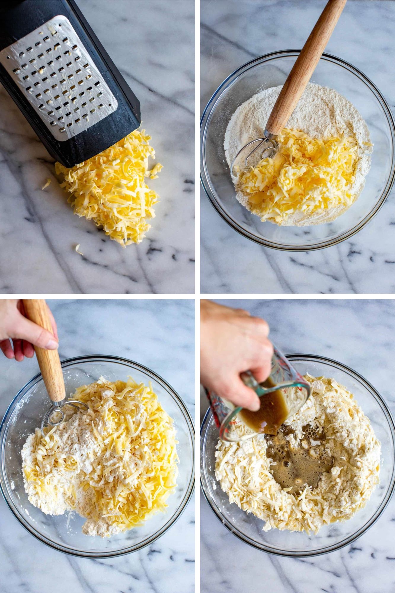 Process steps to make Irish cheddar biscuits showing frozen butter grated on a box grater, mixing grated butter into dry ingredients, mixing grated cheddar into dry ingredients and pouring wet ingredients into dry.