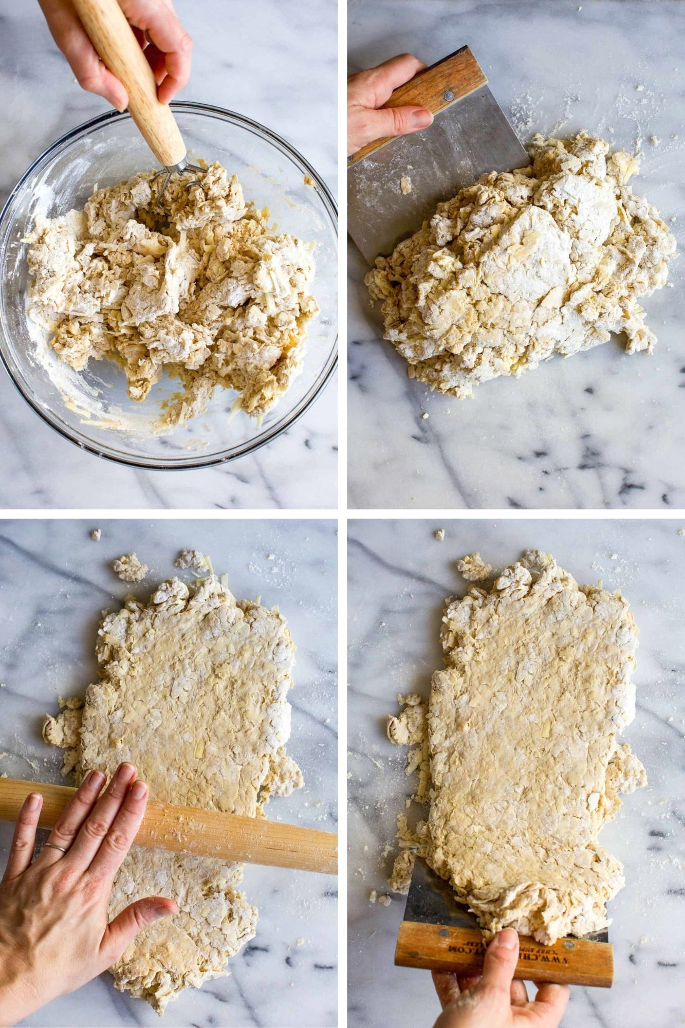 Process steps to make Irish cheddar biscuits showing mixing biscuit dough, turn out shaggy dough on a surface, rolling out biscuit dough, and folding biscuit dough with dough scraper.