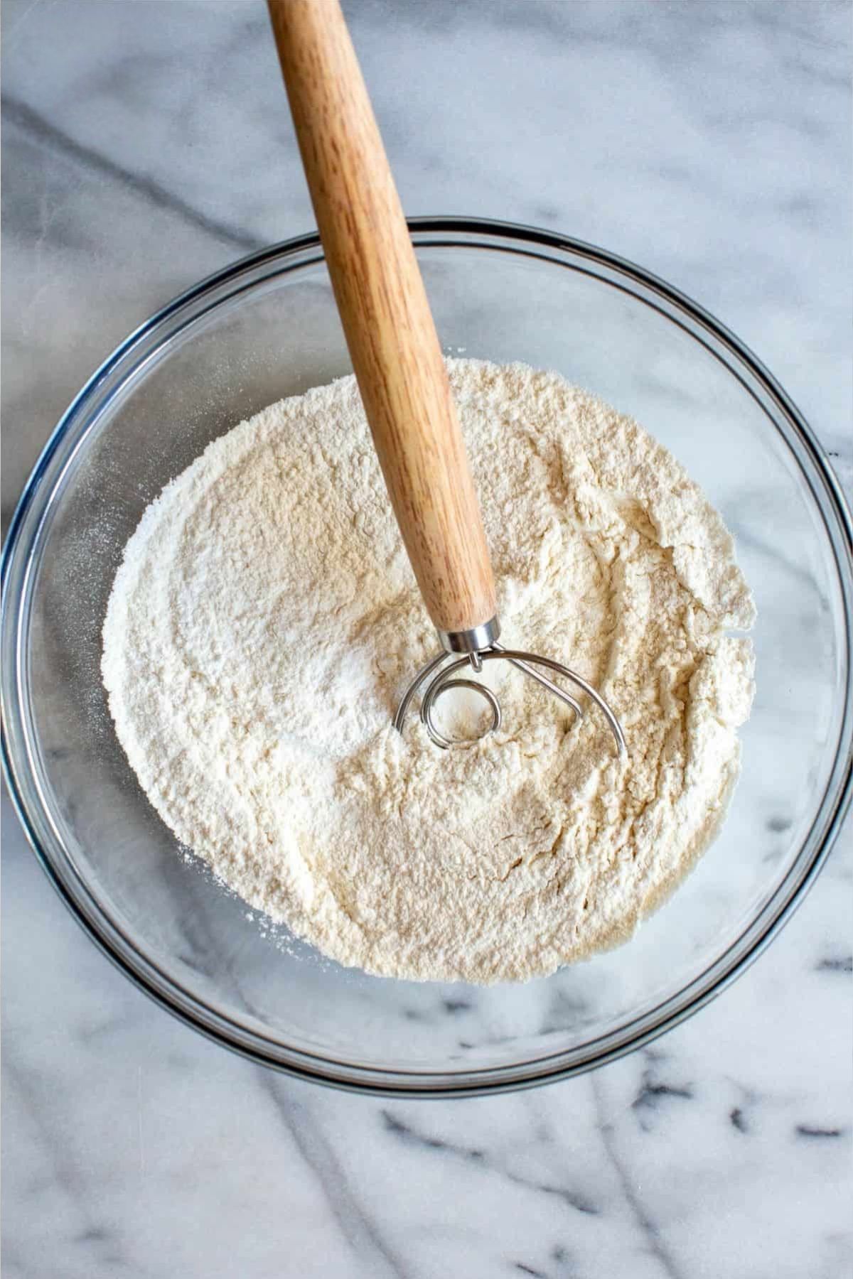 dry ingredients in a bowl for Irish cheddar and stout biscuits.