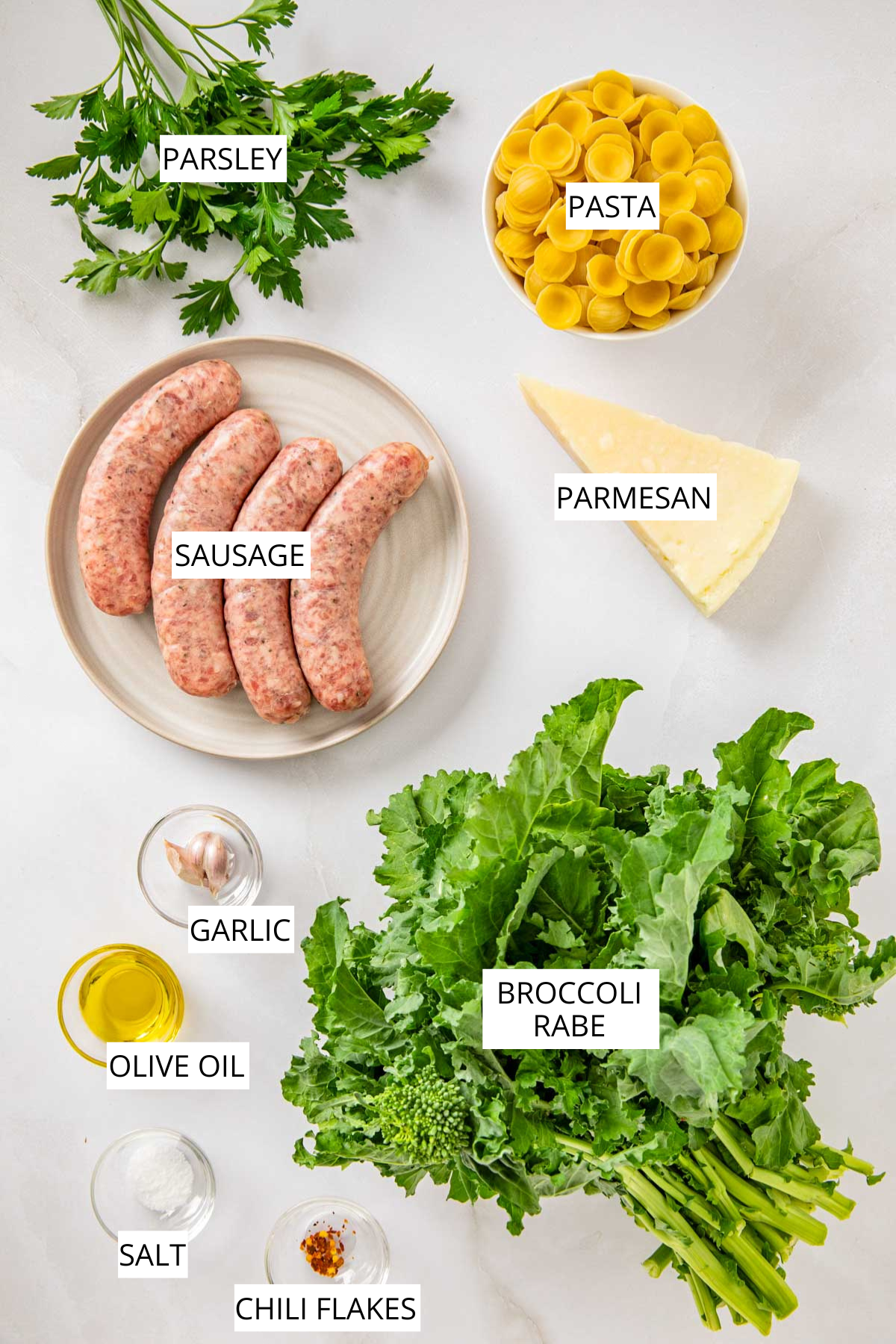 Flat lay of labeled ingredients for orecchiette with broccoli rabe and sausage, including sausage links, pasta, parmesan, garlic, olive oil, salt, chili flakes, parsley, and broccoli rabe.