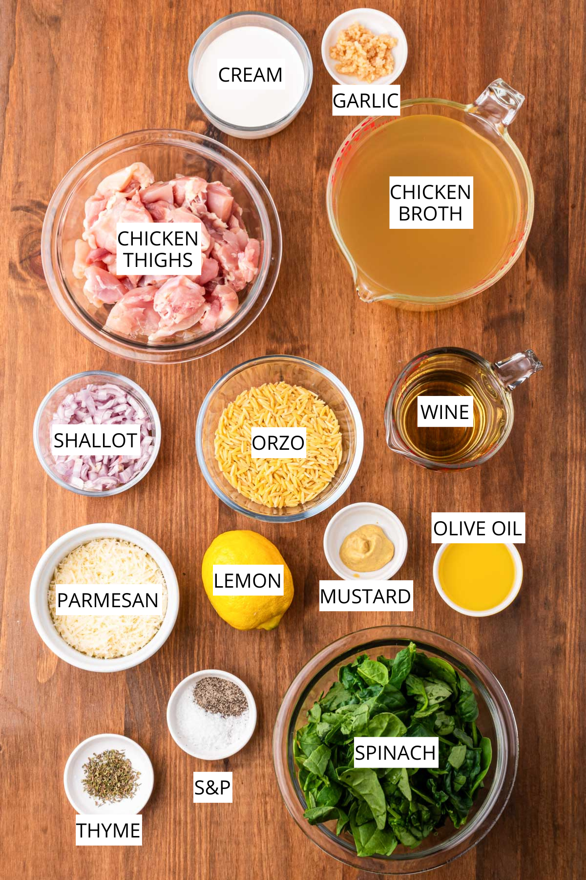 Ingredients for chicken Florentine soup arranged on a wooden surface, including chicken thighs, orzo, spinach, shallot, garlic, Parmesan, cream, lemon, wine, mustard, olive oil, chicken broth, thyme, salt and pepper.