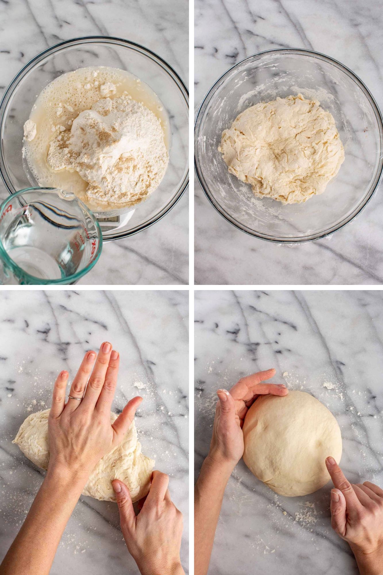 Four photos showing steps to make Neapolitan pizza dough including mixing flour, yeast and water in a bowl, forming a dough with recipe ingredients, hands kneading a large ball of pizza dough, and hands shaping dough into a ball.